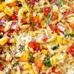 Fresh summer orzo pasta salad with vegetables and herbs
