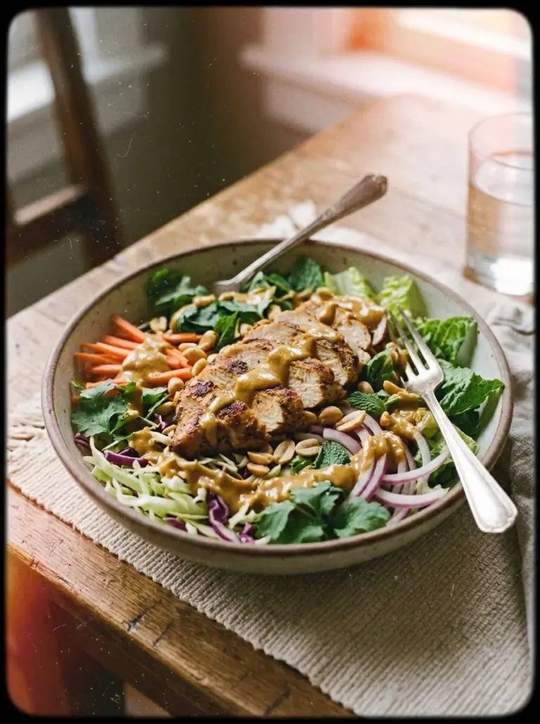 Delicious Thai Chicken Salad with Peanut Dressing served in a bowl