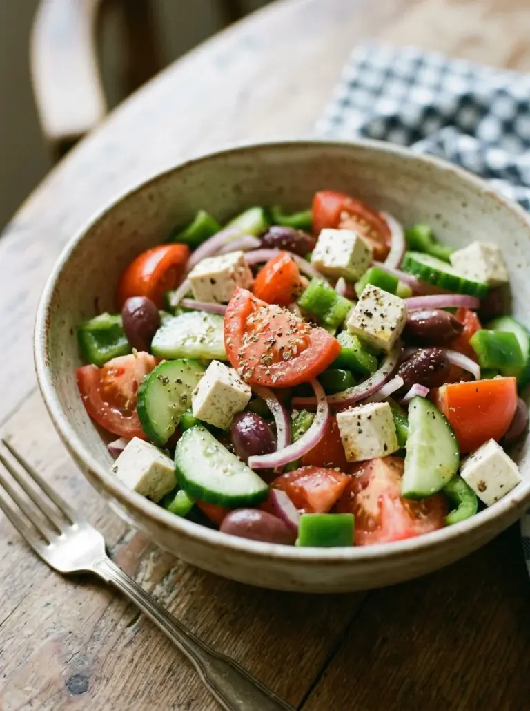 Vegan Greek Salad with fresh vegetables and herbs in a vibrant bowl