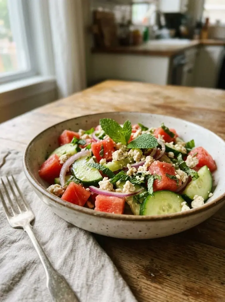 Delicious watermelon cucumber salad with vegan feta cheese