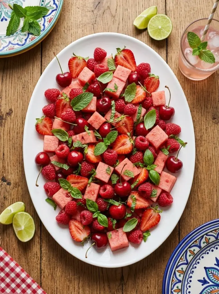 Refreshing watermelon salad with mint and lime in a bowl