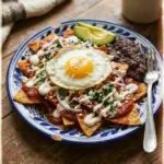 Plate of authentic Mexican Chilaquiles topped with cheese and cilantro