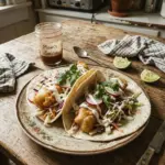 Delicious crispy fish tacos garnished with fresh vegetables and lime