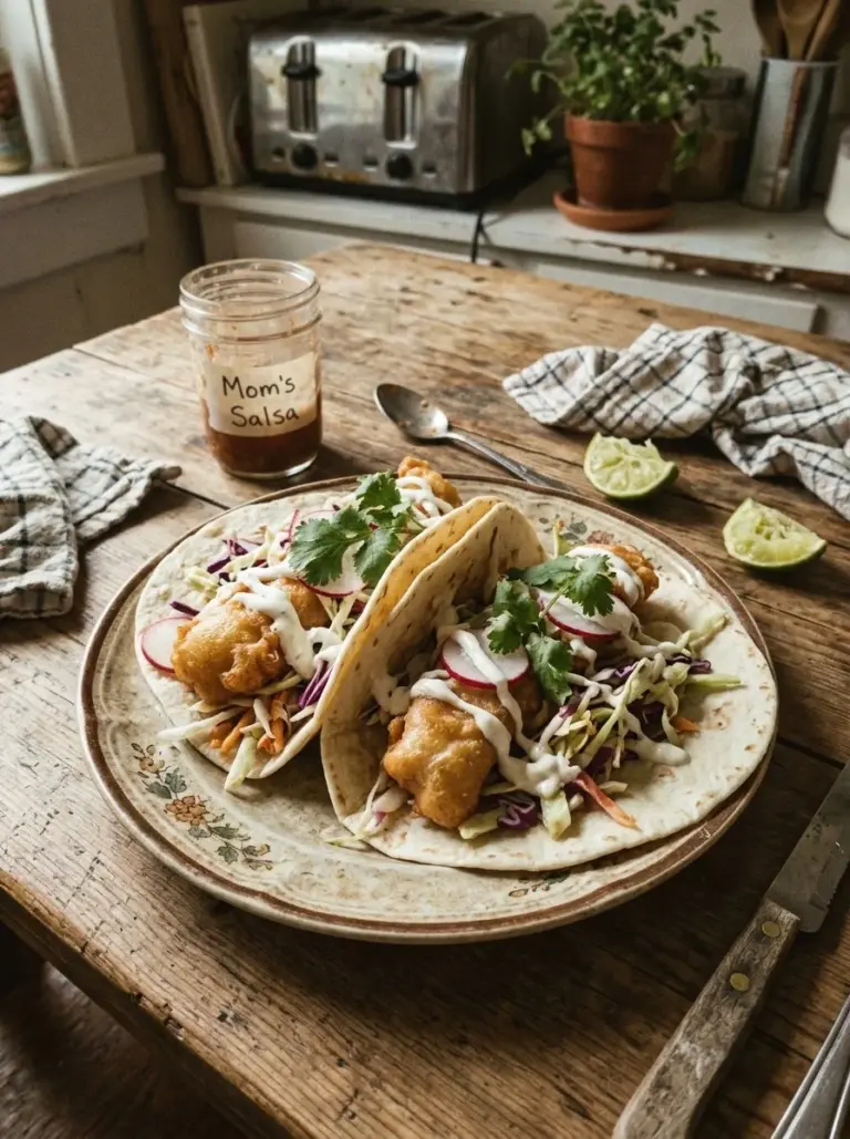 Delicious crispy fish tacos garnished with fresh vegetables and lime
