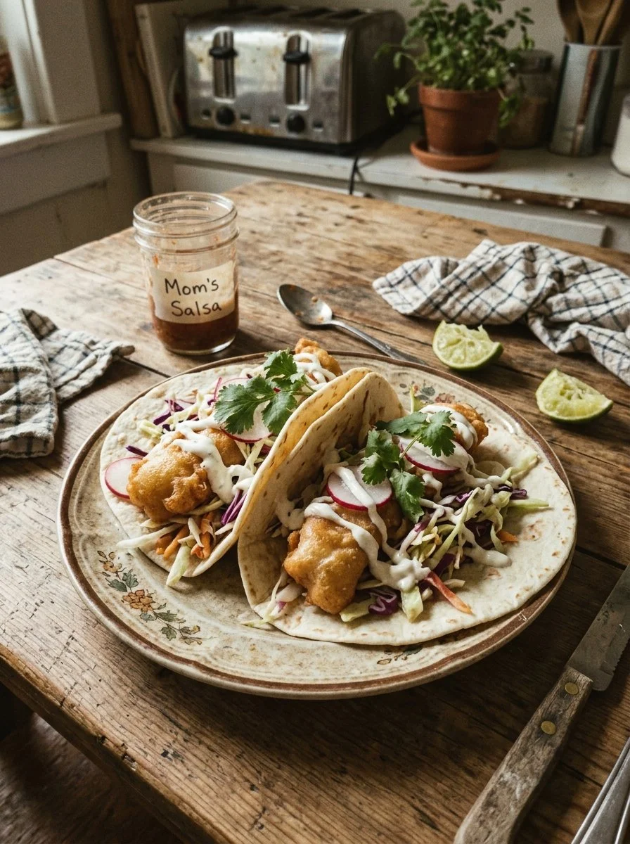 Delicious crispy fish tacos garnished with fresh vegetables and lime