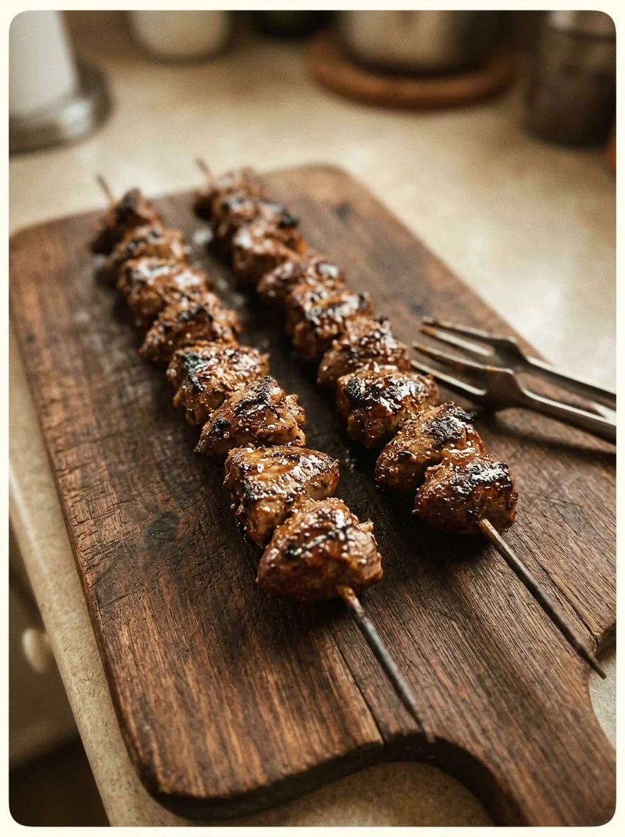 Delicious grilled heart skewers served on a platter with fresh herbs.