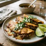 Plate of irresistible cheesy birria tacos with melted cheese and rich consomé