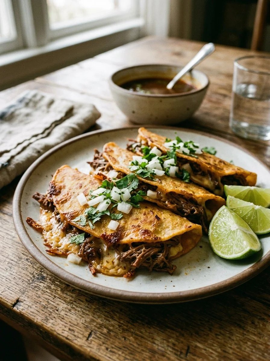 Plate of irresistible cheesy birria tacos with melted cheese and rich consomé