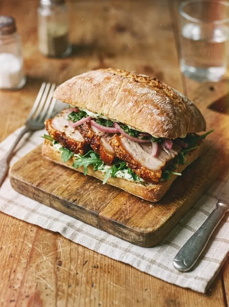 Delicious roasted pork belly sandwich with crisp vegetables and sauce