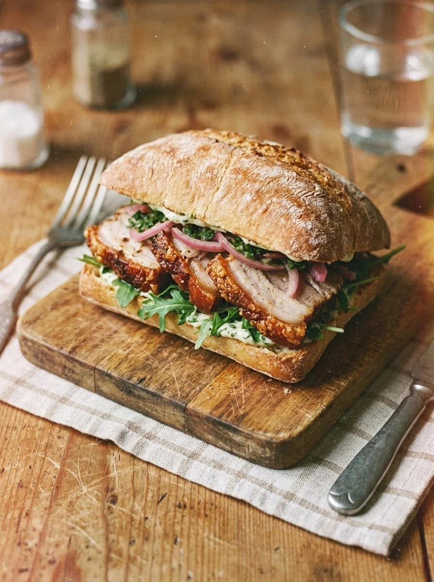 Delicious roasted pork belly sandwich with crisp vegetables and sauce