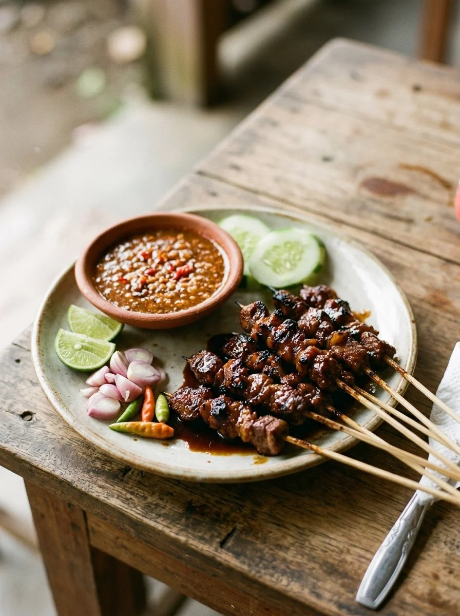 Delicious goat satay skewers served with spicy peanut sauce and fresh herbs.