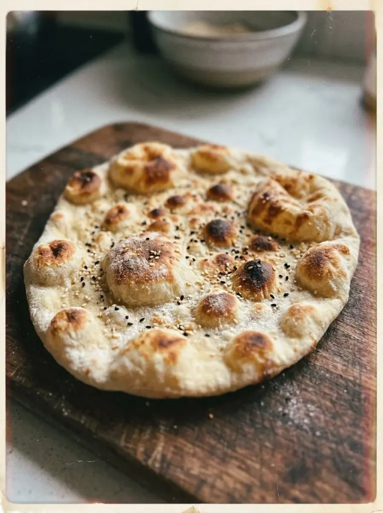 Freshly made stretchy flatbread on a wooden surface